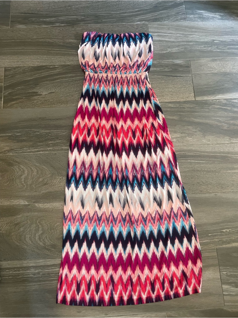 Zara Strapless Chevron Maxi Dress in Pink, Navy & Teal